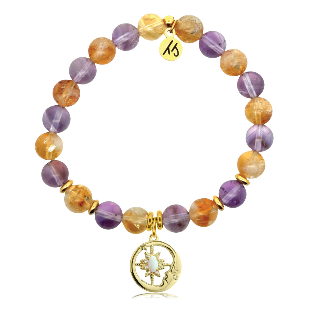 Gold Charm Collection - Amethyst Citrine Gemstone Bracelet with Moonlight Gold Charm