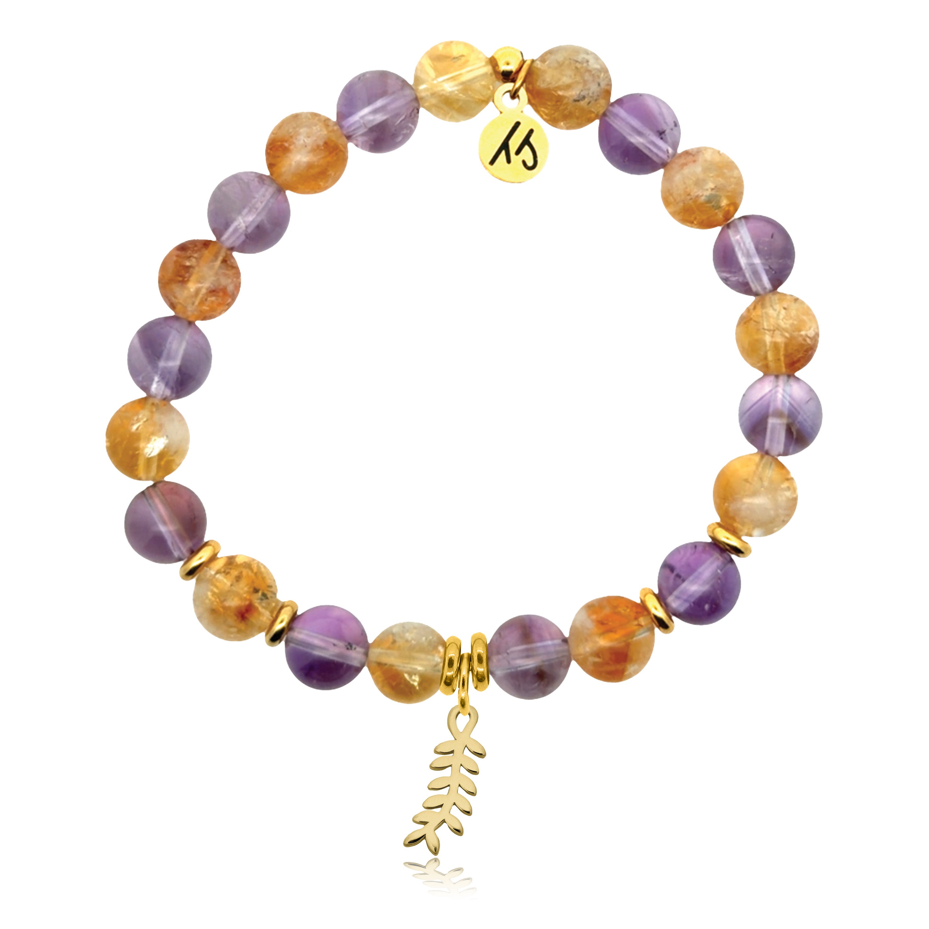 Gold Charm Collection - Amethyst Citrine Gemstone Bracelet with Olive Branch Gold Charm