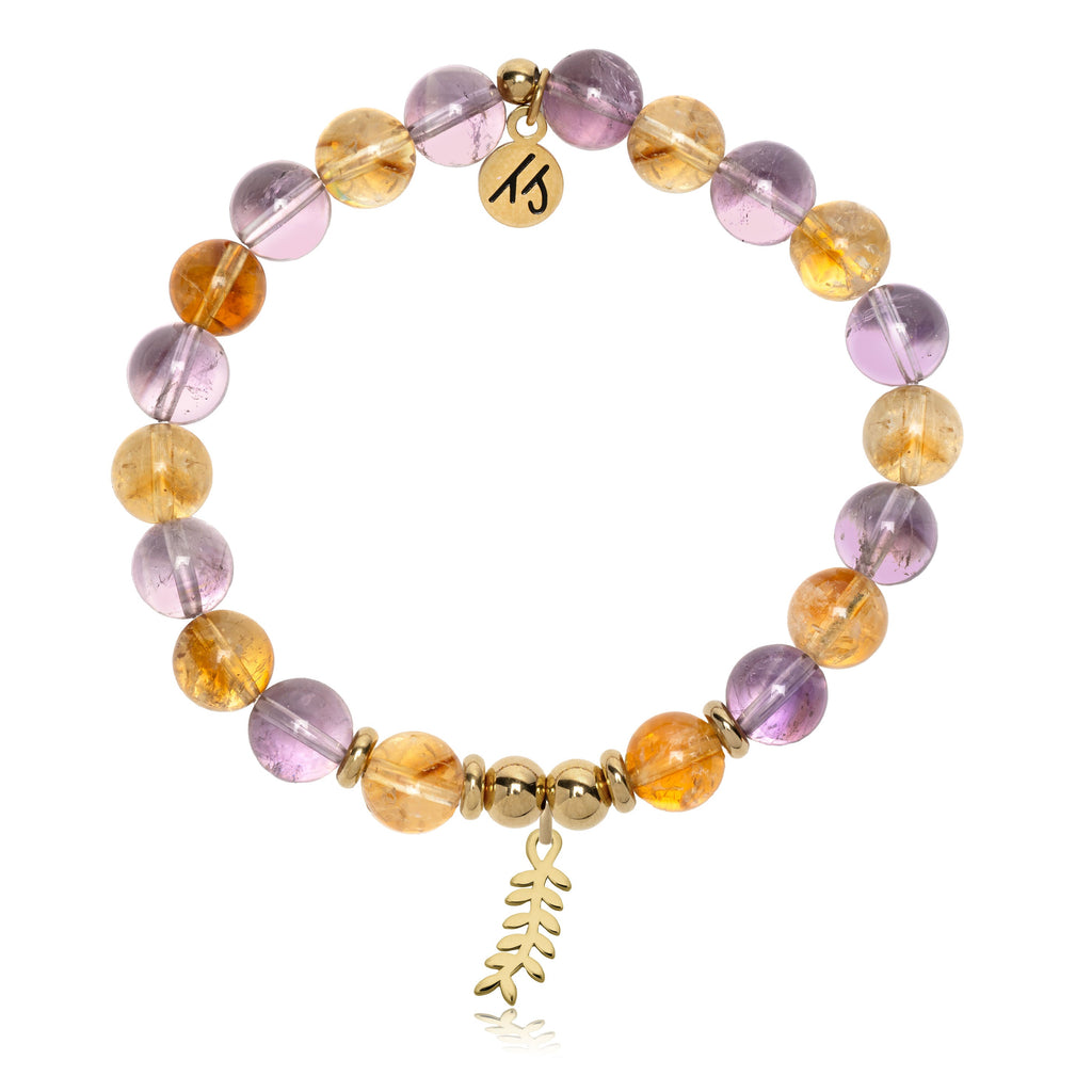 Gold Charm Collection - Amethyst Citrine Gemstone Bracelet with Olive Branch Gold Charm