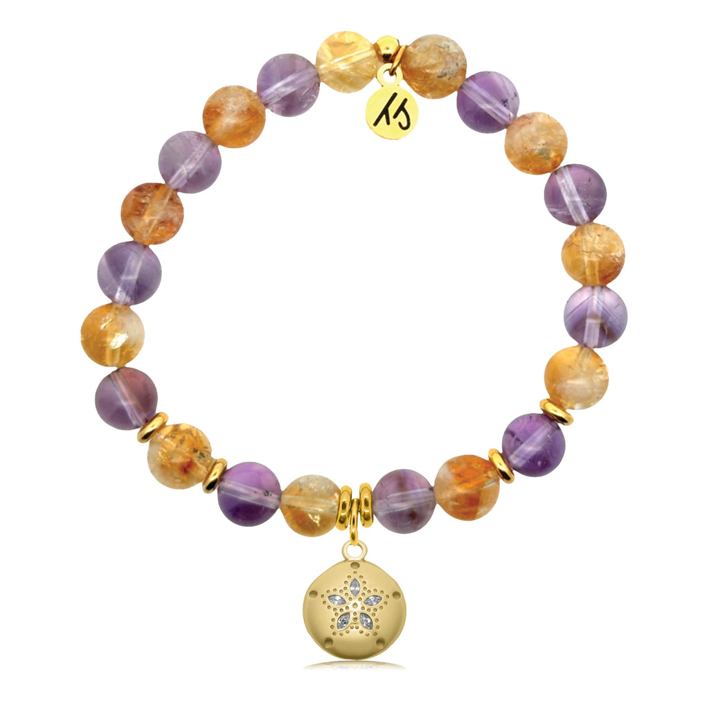 Gold Charm Collection - Amethyst Citrine Gemstone Bracelet with Sand Dollar Gold Charm