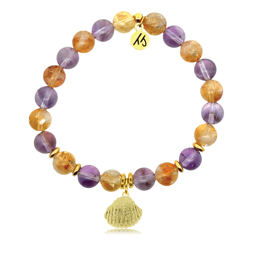 Gold Charm Collection - Amethyst Citrine Gemstone Bracelet with Seashell Gold Charm