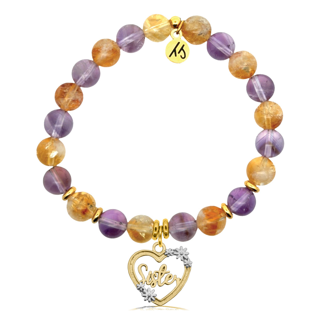 Gold Charm Collection - Amethyst Citrine Gemstone Bracelet with Sister Heart Gold Charm