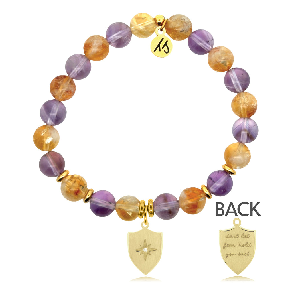 Gold Charm Collection - Amethyst Citrine Gemstone Bracelet with Strength Shield Gold Charm