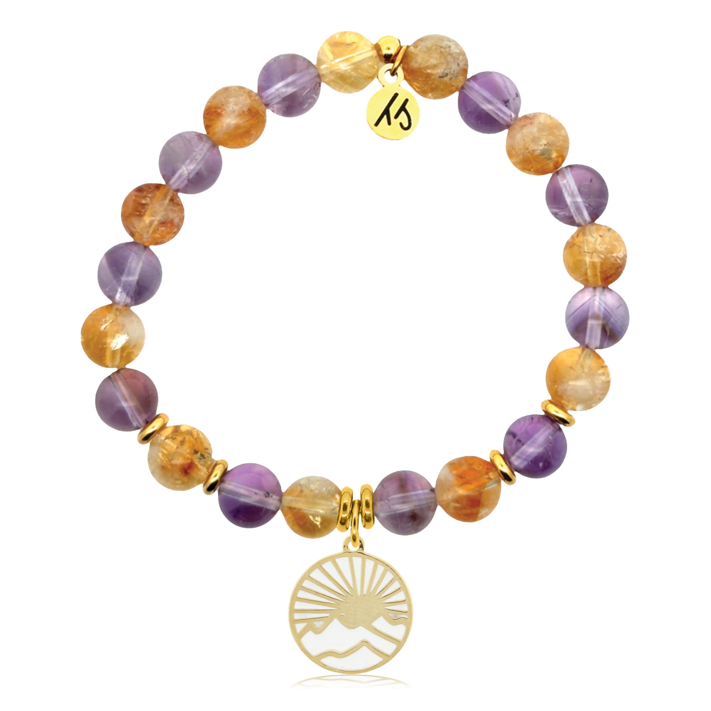 Gold Charm Collection - Amethyst Citrine Gemstone Bracelet with Sunrise Enamel Gold Charm