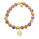 Gold Charm Collection - Amethyst Citrine Gemstone Bracelet with Thank You Flower Gold Charm