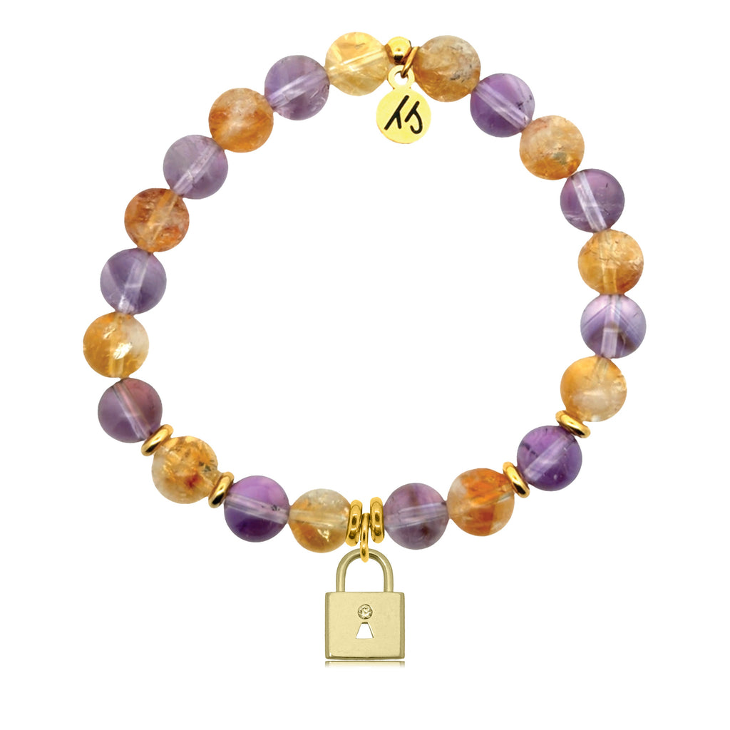 Gold Charm Collection - Amethyst Citrine Gemstone Bracelet with Unbreakable Friendship Gold Charm