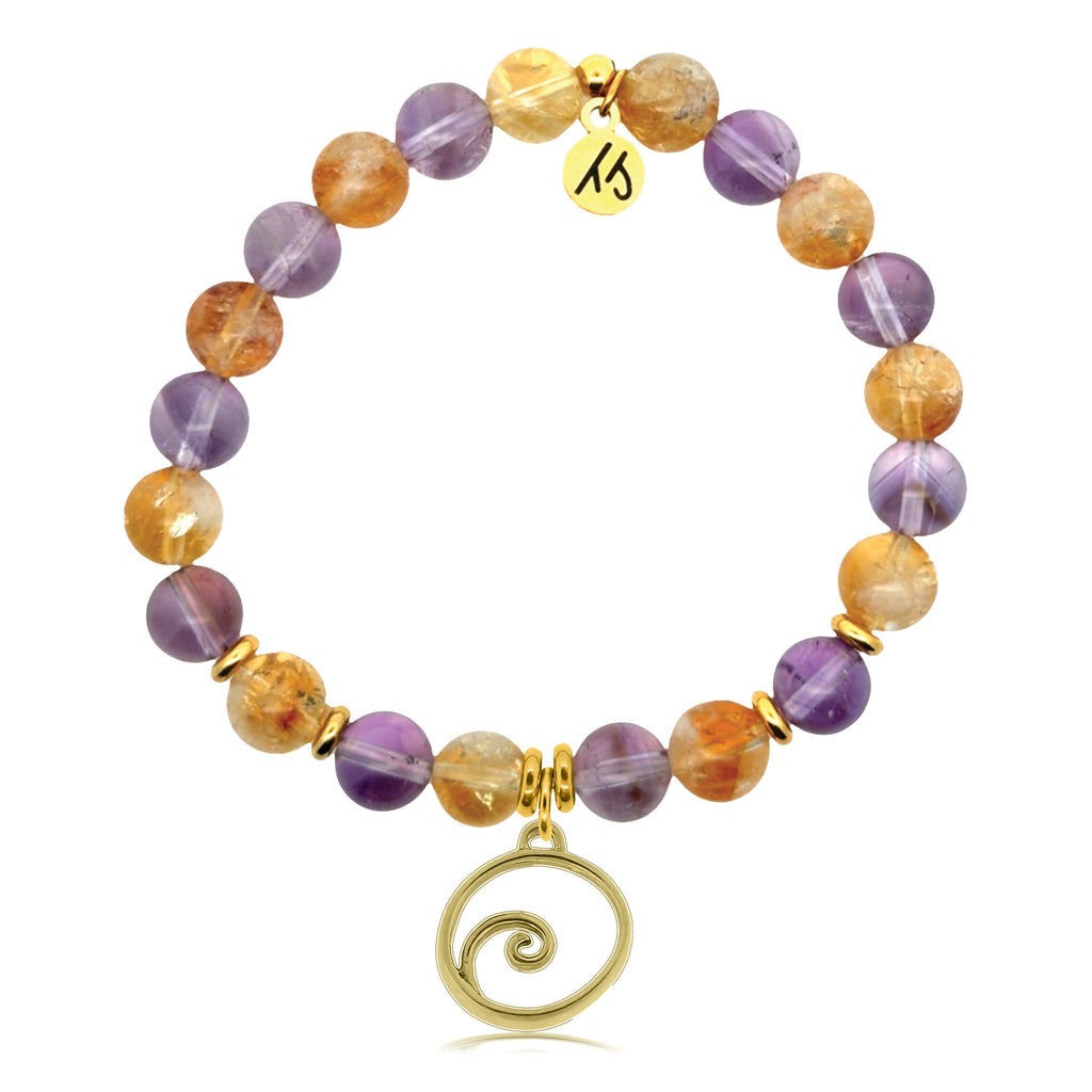 Gold Charm Collection - Amethyst Citrine Gemstone Bracelet with Wave Gold Charm