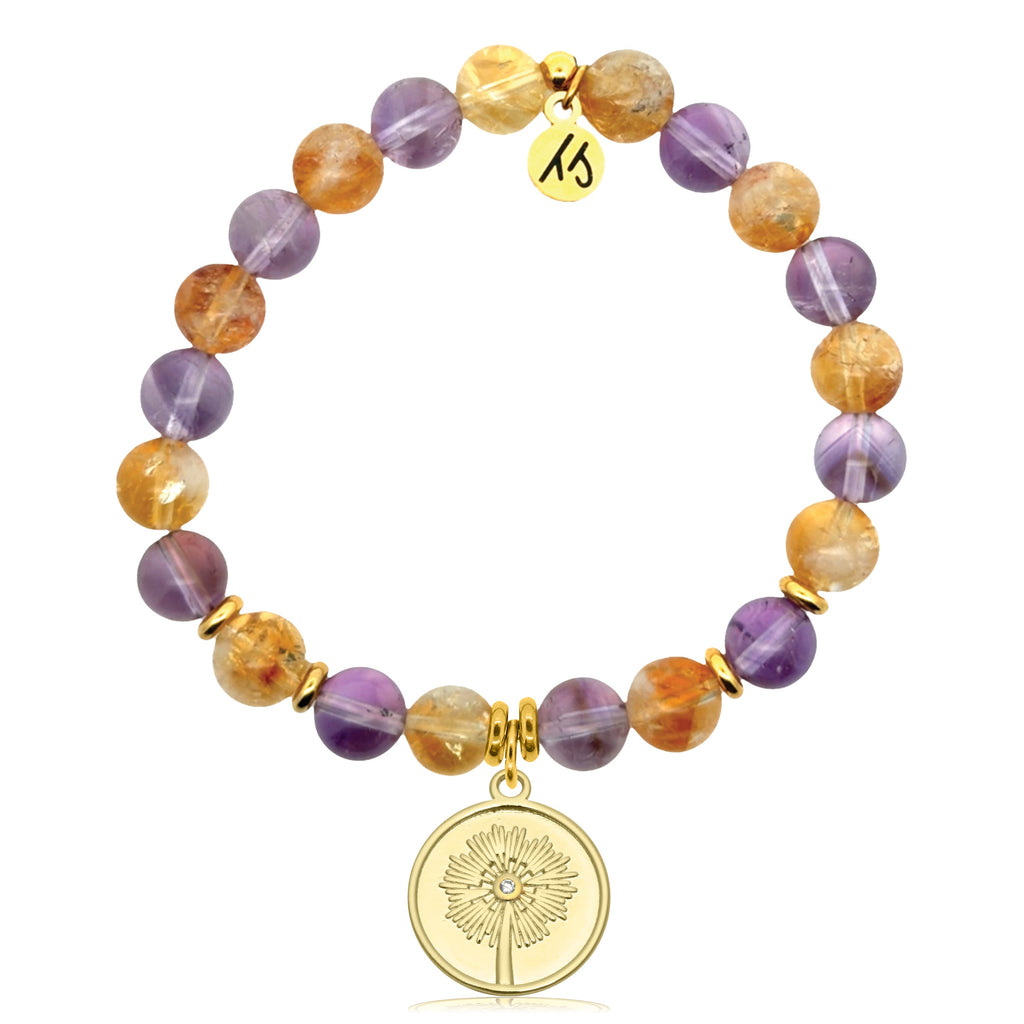 Gold Charm Collection - Amethyst Citrine Gemstone Bracelet with Wish Gold Charm