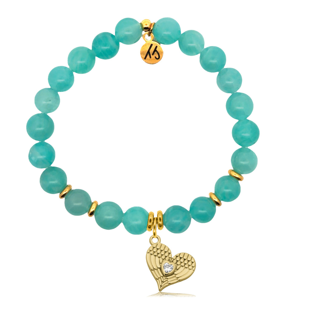 Gold Charm Collection - Aqua Amazonite Gemstone Bracelet with Angel Love Gold Charm