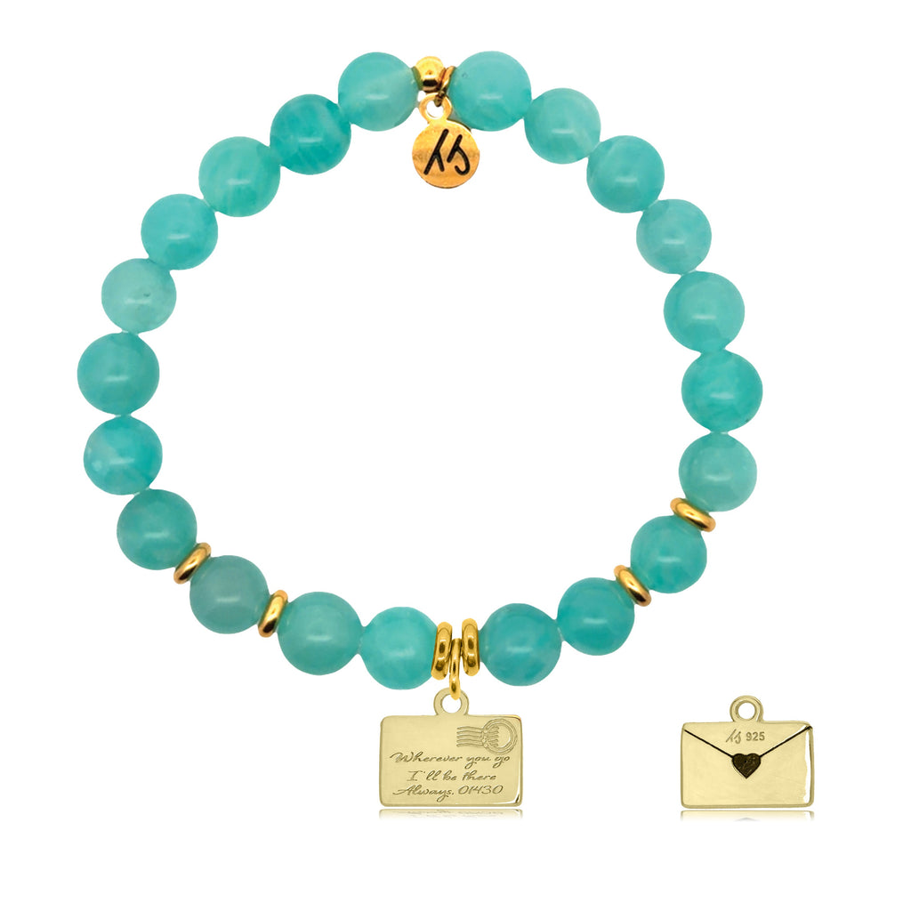 Gold Charm Collection - Aqua Amazonite Gemstone Bracelet with Love Letter Gold Charm
