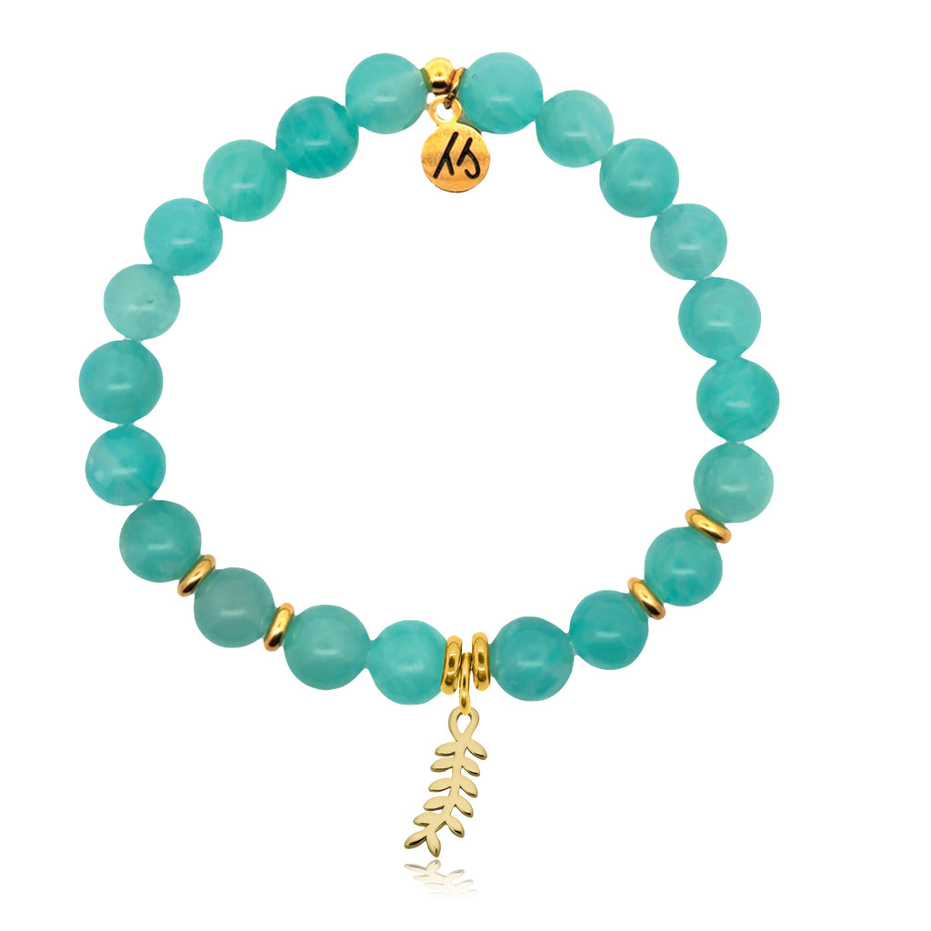 Gold Charm Collection - Aqua Amazonite Gemstone Bracelet with Olive Branch Gold Charm