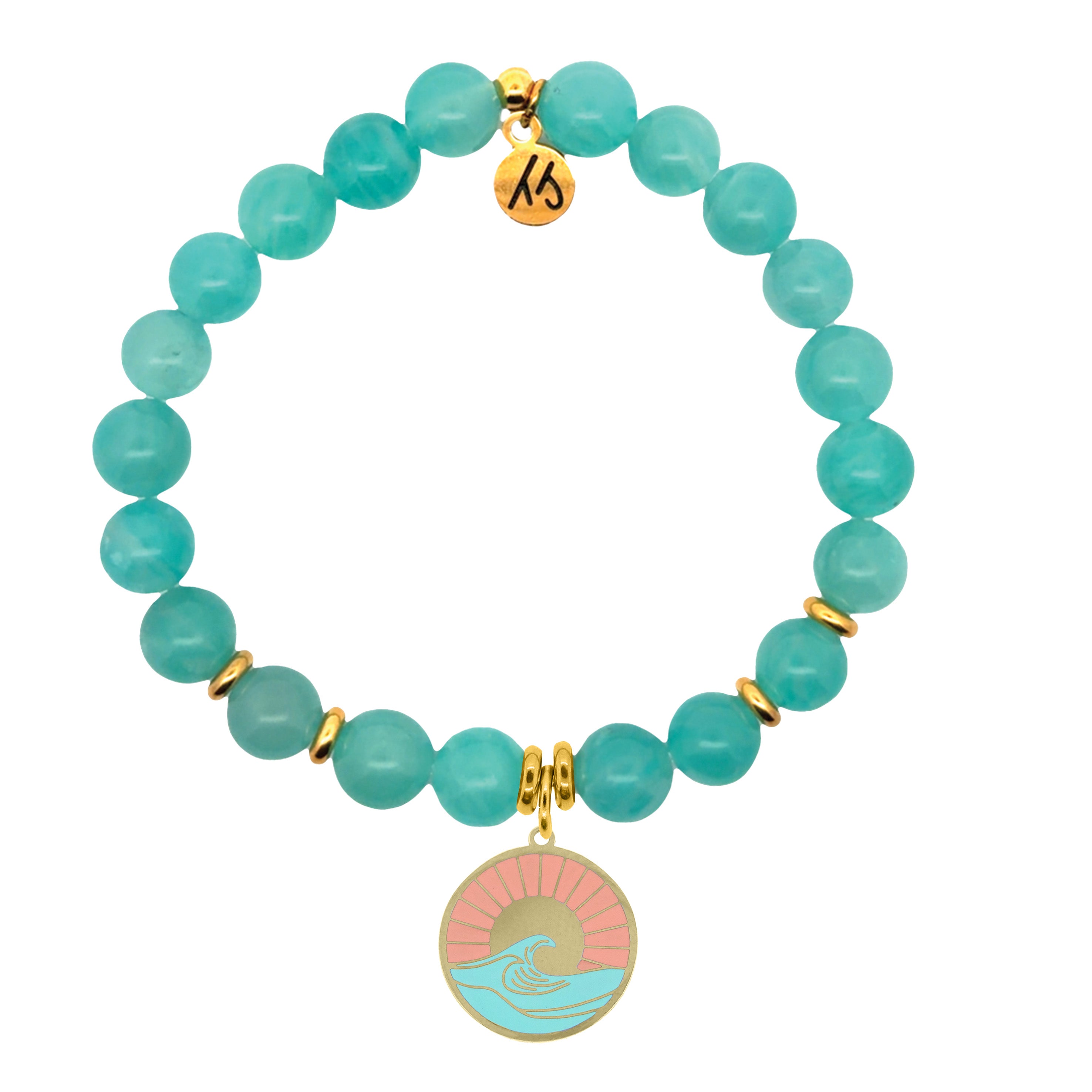 Gold Charm Collection - Aqua Amazonite Gemstone Bracelet with Paradise Enamel Gold Charm