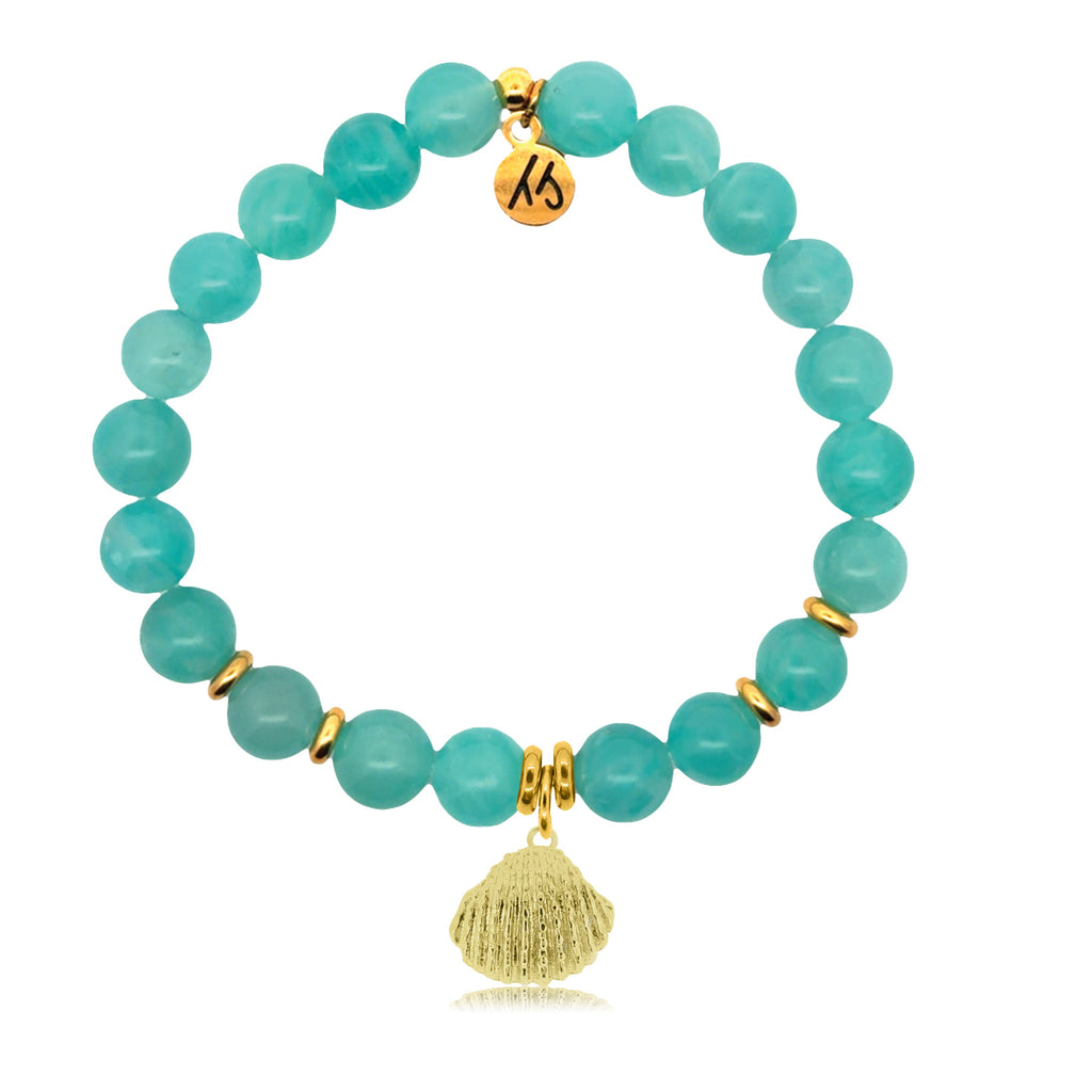 Gold Charm Collection - Aqua Amazonite Gemstone Bracelet with Seashell Gold Charm