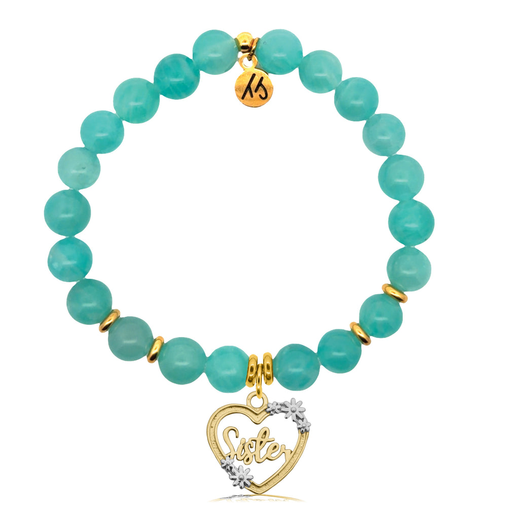 Gold Charm Collection - Aqua Amazonite Gemstone Bracelet with Sister Heart Gold Charm
