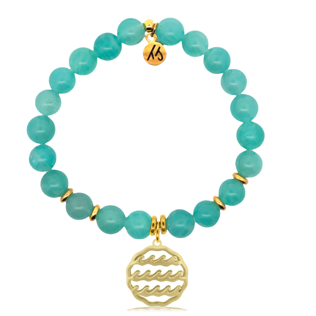 Gold Charm Collection - Aqua Amazonite Gemstone Bracelet with Waves of Life Gold Charm
