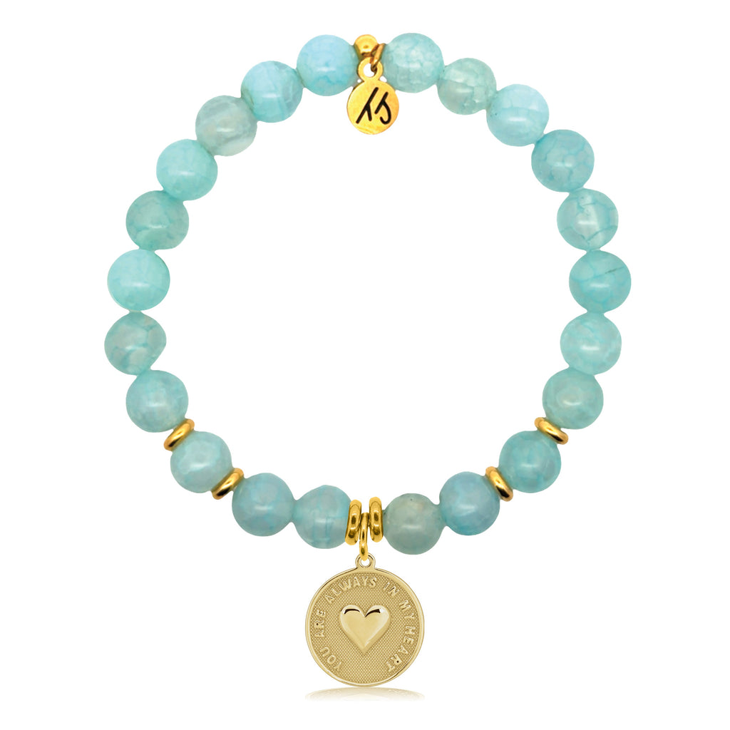 Gold Charm Collection - Aqua Fire Agate Gemstone Bracelet with Always in my Heart Gold Charm