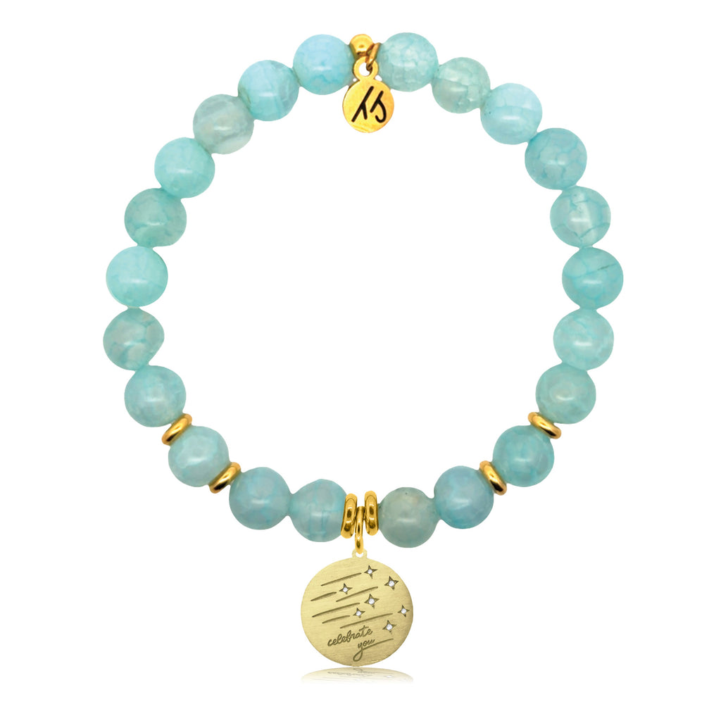 Gold Charm Collection - Aqua Fire Agate Gemstone Bracelet with Birthday Wish Gold Charm
