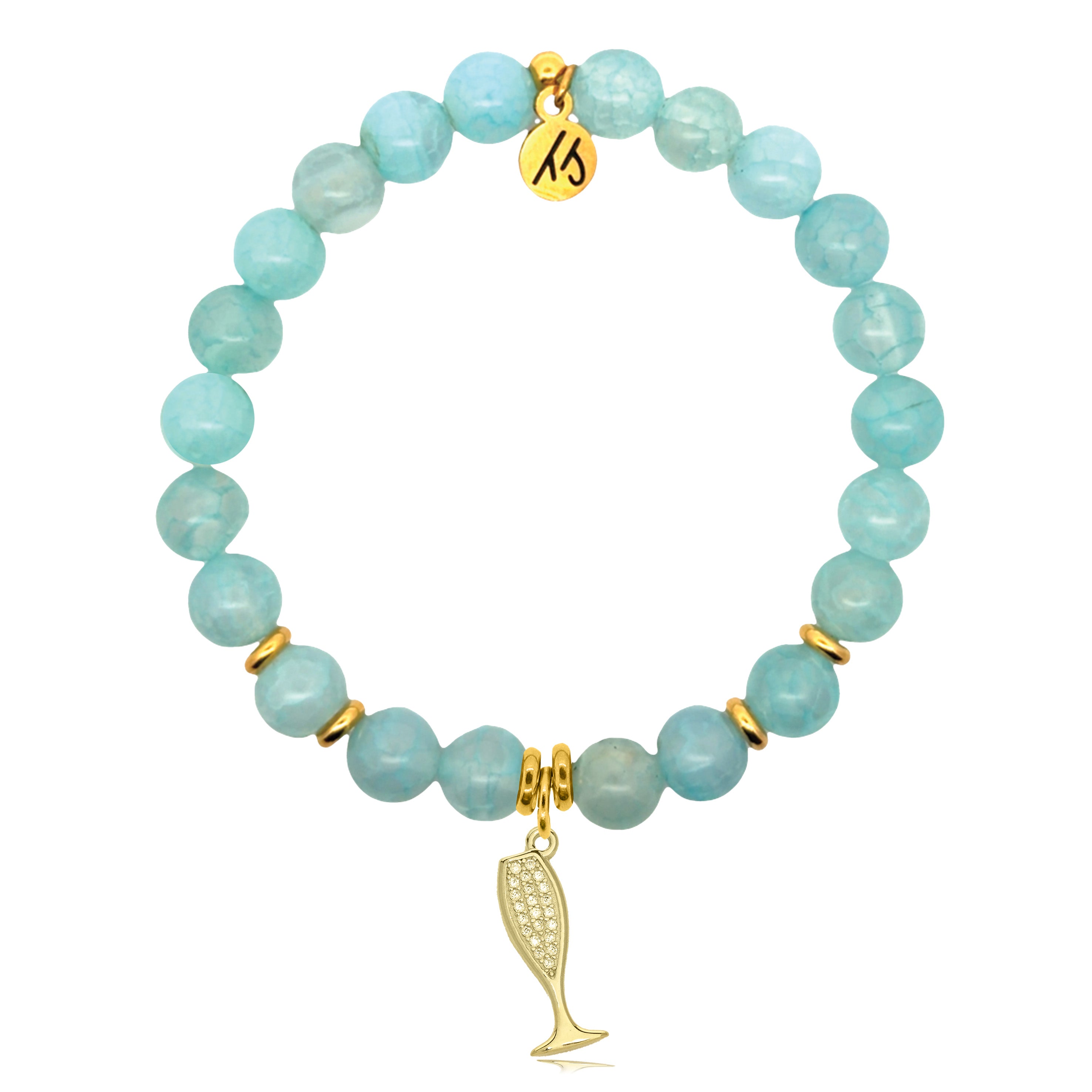 Gold Charm Collection - Aqua Fire Agate Gemstone Bracelet with Cheers Gold Charm