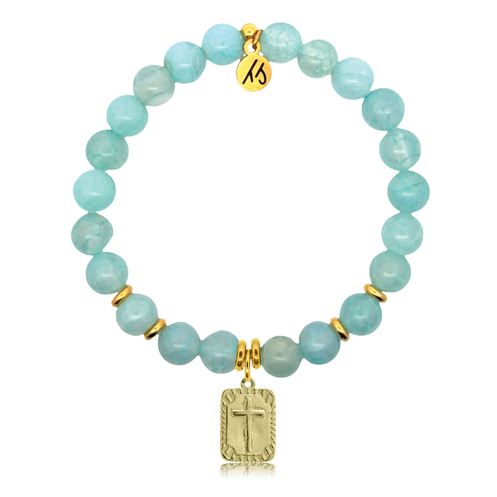 Gold Charm Collection - Aqua Fire Agate Gemstone Bracelet with Cross Rectangle Gold Charm