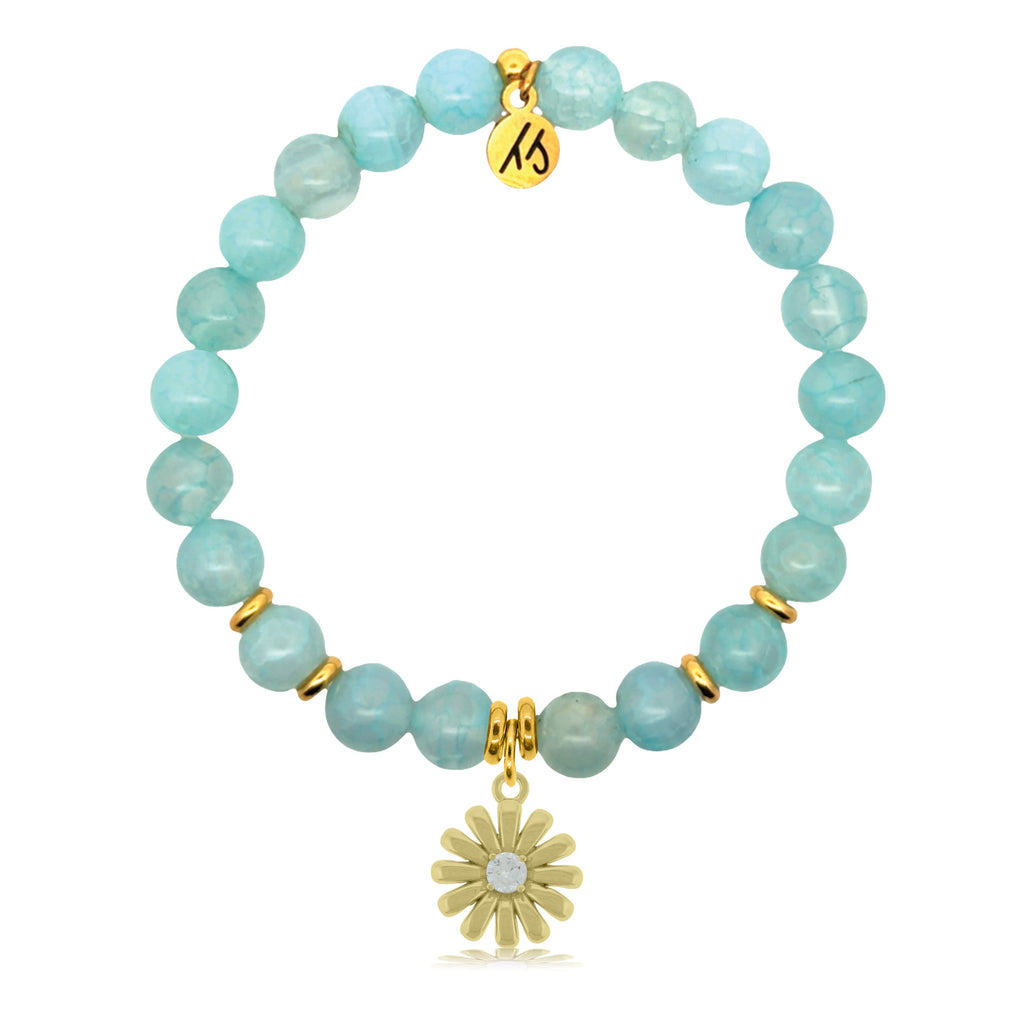 Gold Charm Collection - Aqua Fire Agate Gemstone Bracelet with Daisy Gold Charm