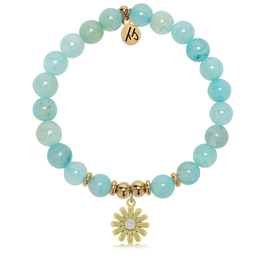 Gold Charm Collection - Aqua Fire Agate Gemstone Bracelet with Daisy Gold Charm