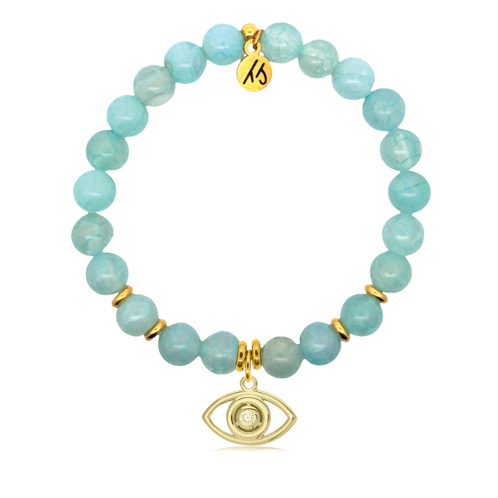 Gold Charm Collection - Aqua Fire Agate Gemstone Bracelet with Evil Eye Gold Charm