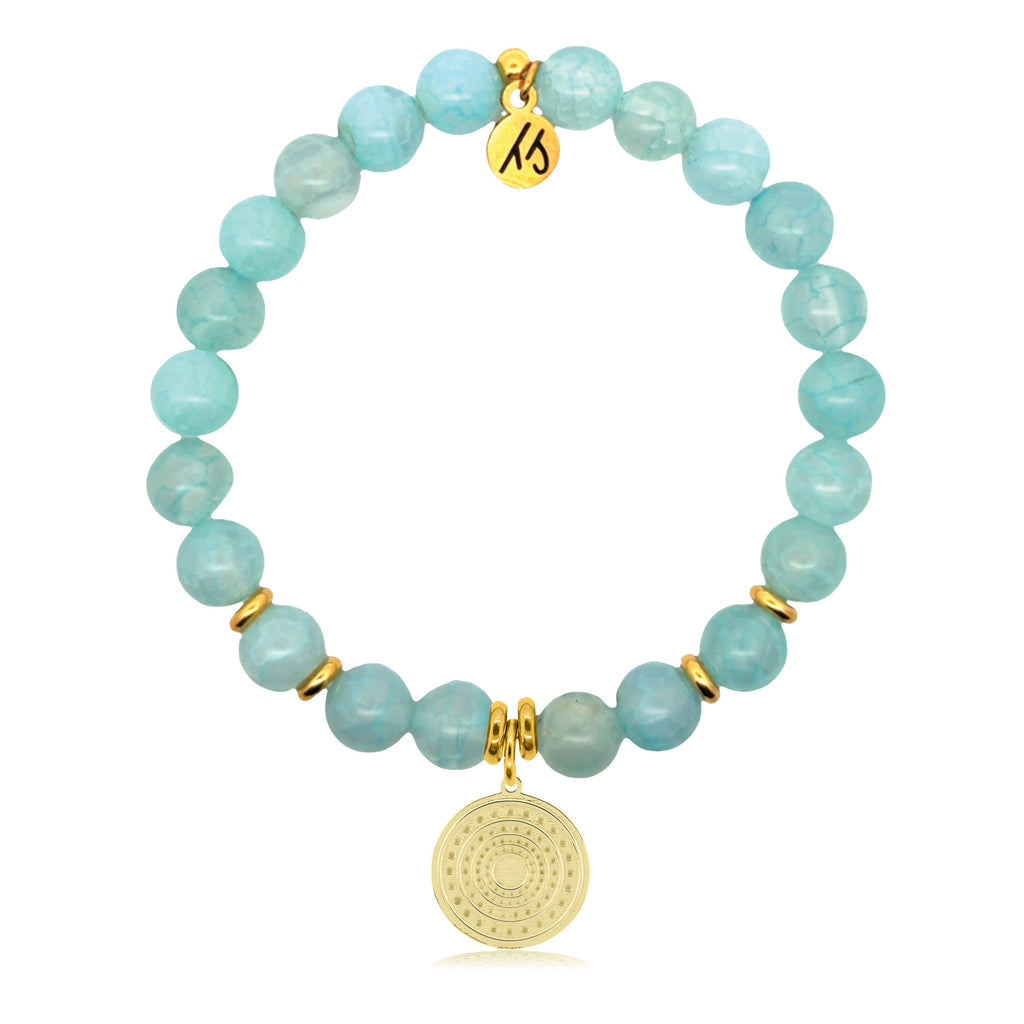 Gold Charm Collection - Aqua Fire Agate Gemstone Bracelet with Family Circle Gold Charm