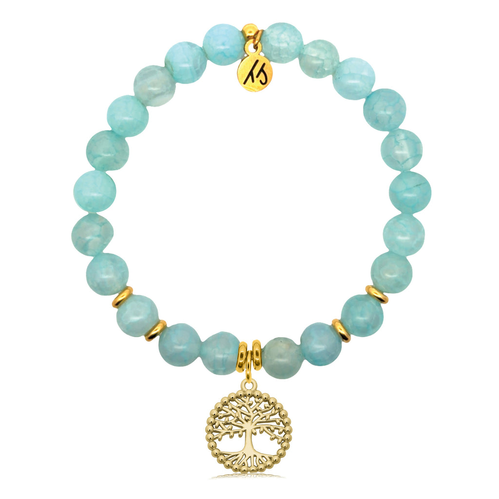 Gold Charm Collection - Aqua Fire Agate Gemstone Bracelet with Family Tree Gold Charm
