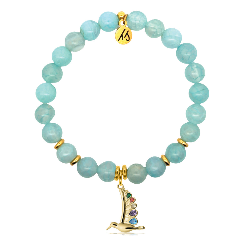 Gold Charm Collection - Aqua Fire Agate Gemstone Bracelet with Hummingbird Gold Charm