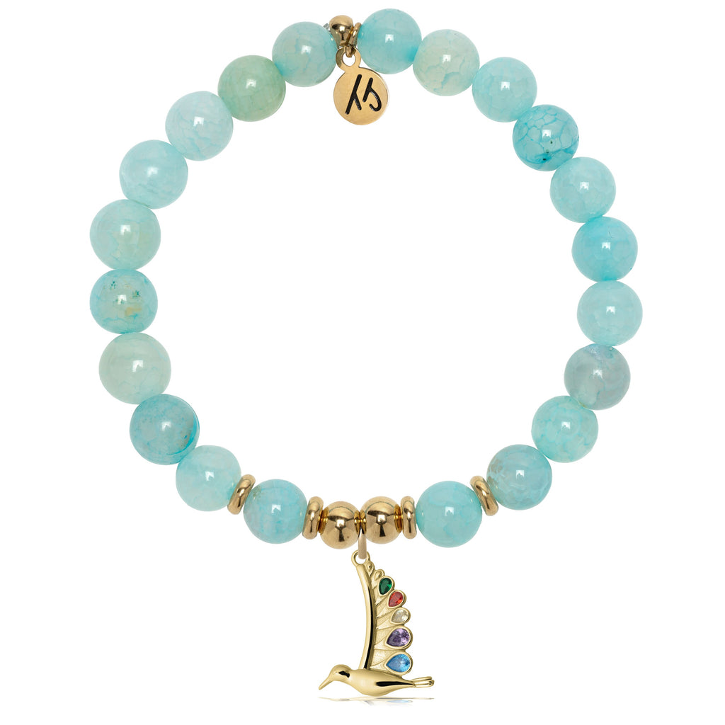 Gold Charm Collection - Aqua Fire Agate Gemstone Bracelet with Hummingbird Gold Charm