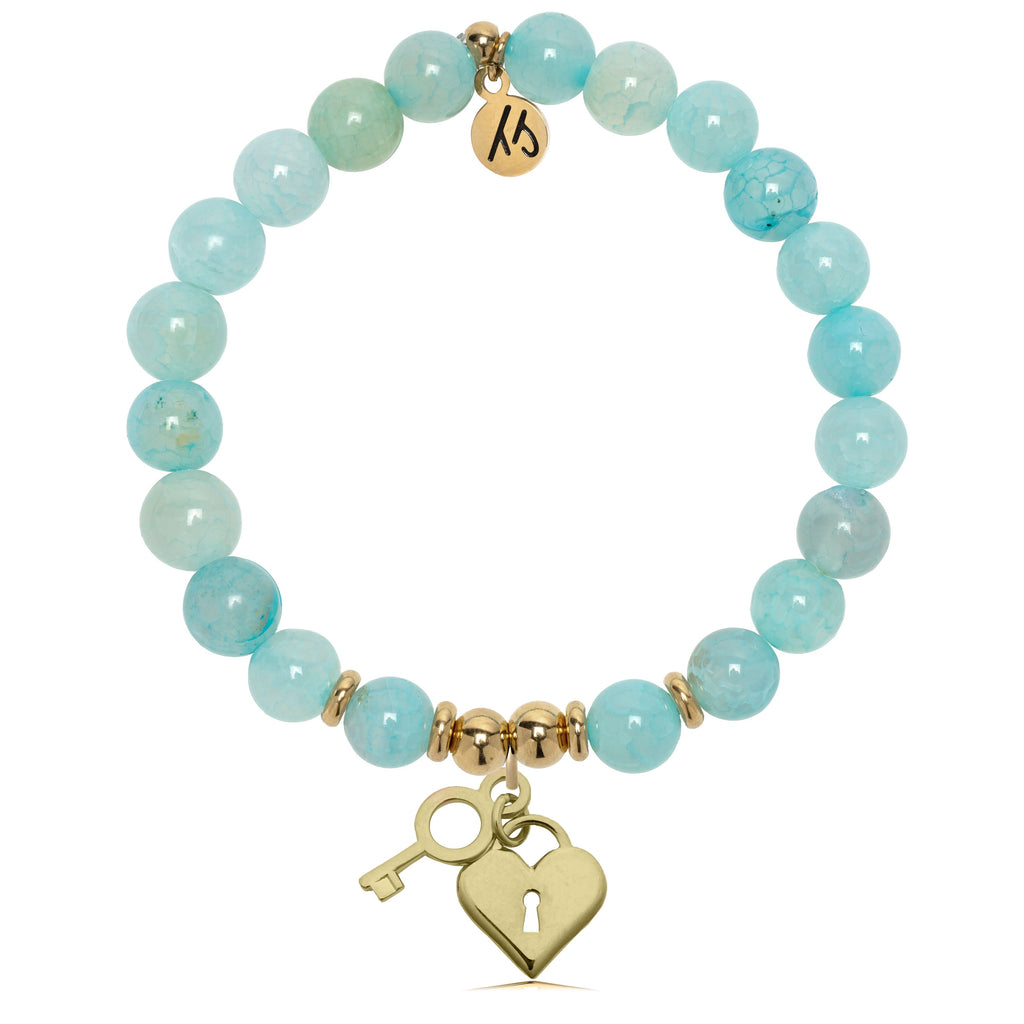 Gold Charm Collection - Aqua Fire Agate Gemstone Bracelet with Key to My Heart Gold Charm