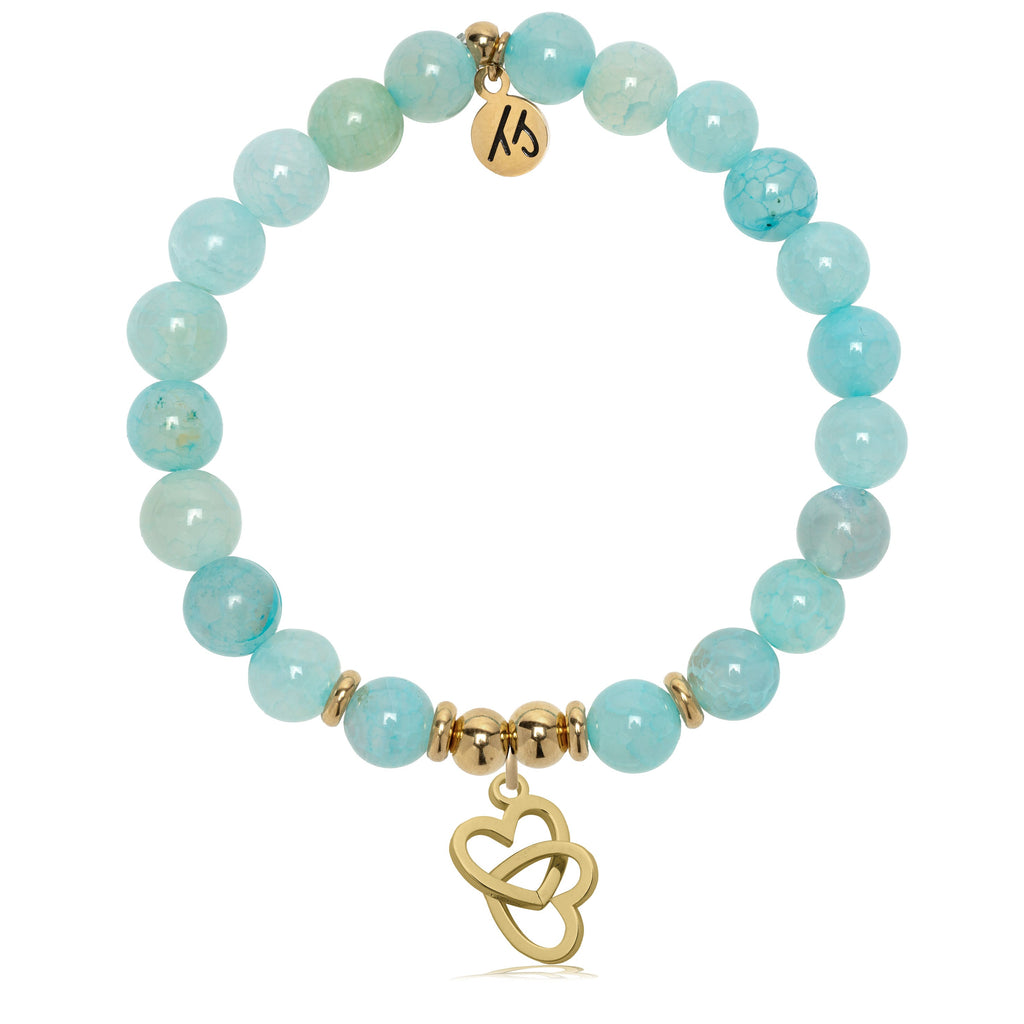 Gold Charm Collection - Aqua Fire Agate Gemstone Bracelet with Linked Hearts Gold Charm
