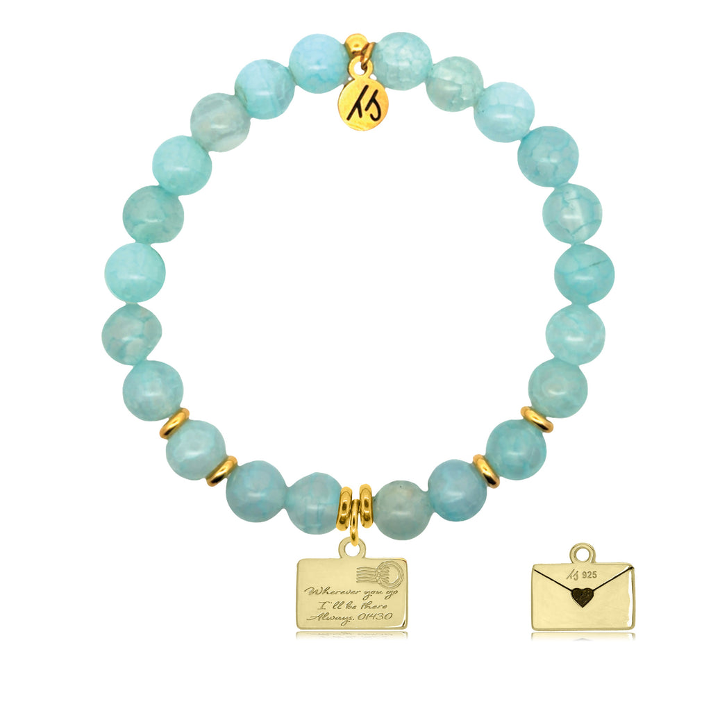 Gold Charm Collection - Aqua Fire Agate Gemstone Bracelet with Love Letter Gold Charm