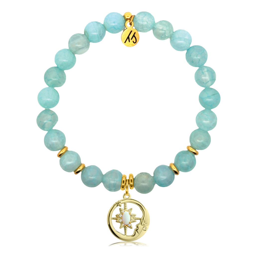 Gold Charm Collection - Aqua Fire Agate Gemstone Bracelet with Moonlight Gold Charm