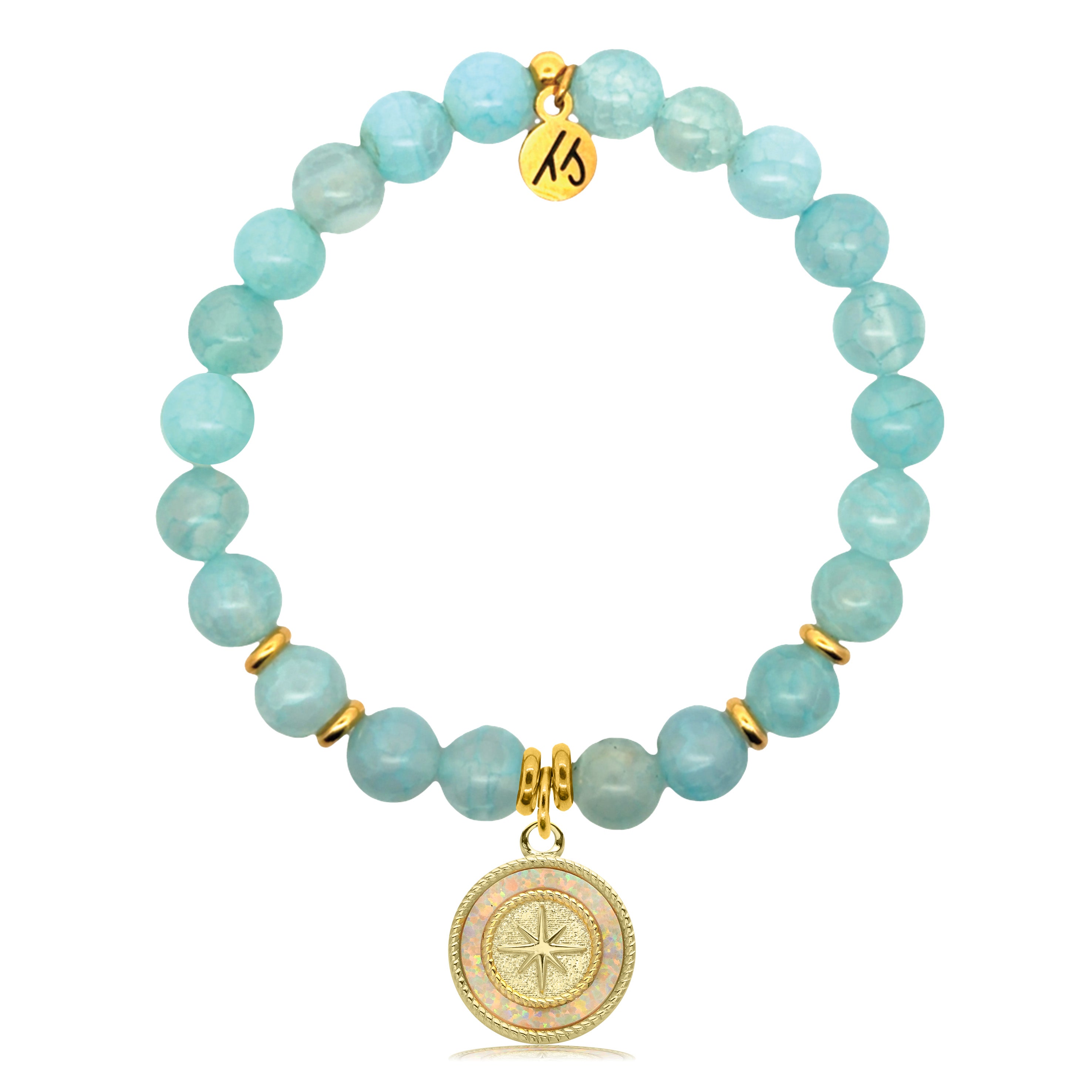 Gold Charm Collection - Aqua Fire Agate Gemstone Bracelet with North Star Gold Charm