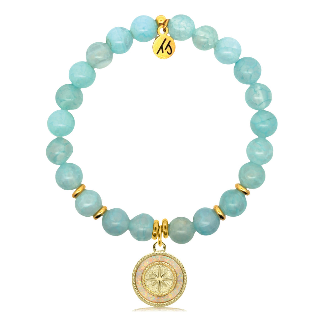 Gold Charm Collection - Aqua Fire Agate Gemstone Bracelet with North Star Gold Charm