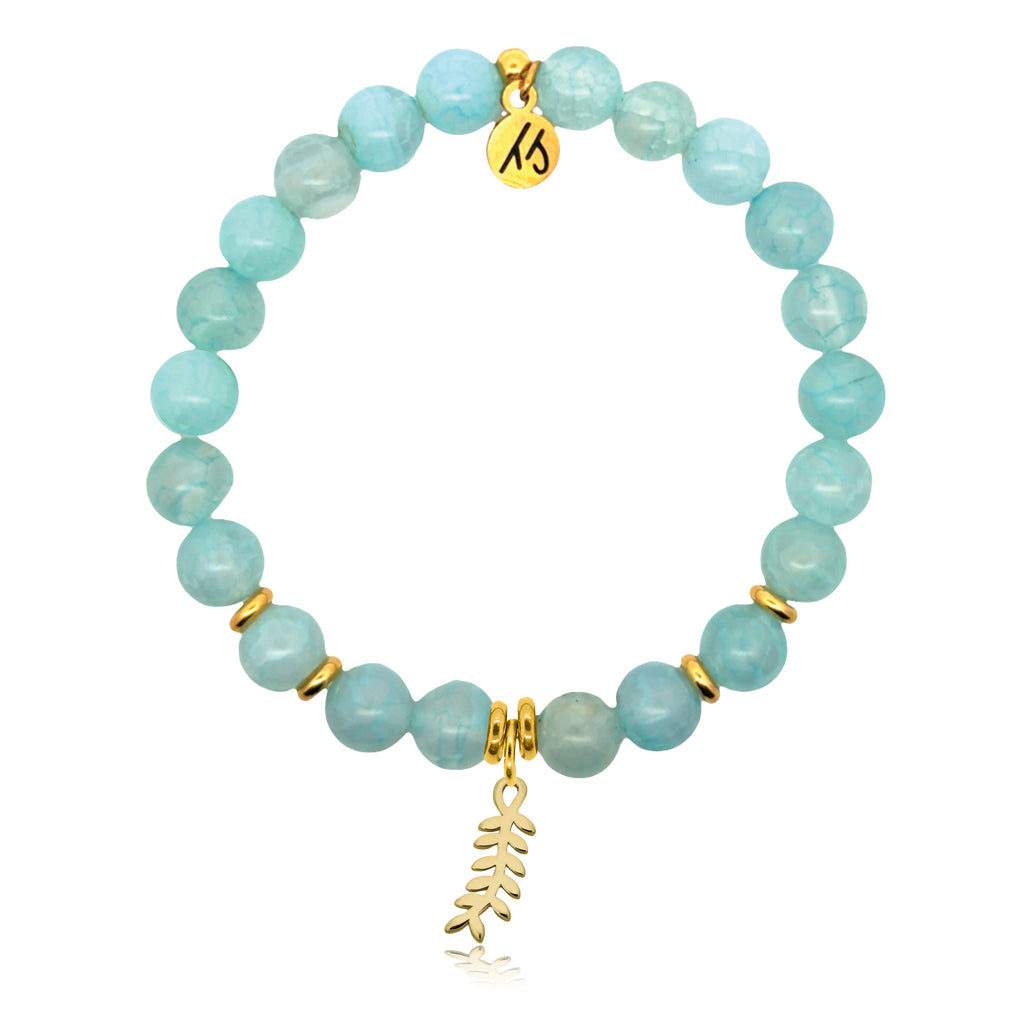 Gold Charm Collection - Aqua Fire Agate Gemstone Bracelet with Olive Branch Gold Charm