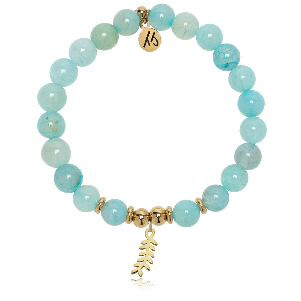 Gold Charm Collection - Aqua Fire Agate Gemstone Bracelet with Olive Branch Gold Charm