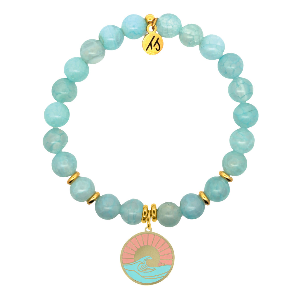 Gold Charm Collection - Aqua Fire Agate Gemstone Bracelet with Paradise Enamel Gold Charm