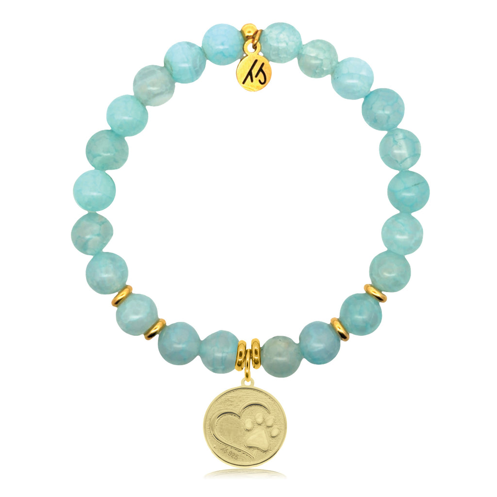 Gold Charm Collection - Aqua Fire Agate Gemstone Bracelet with Paw Print Gold Charm