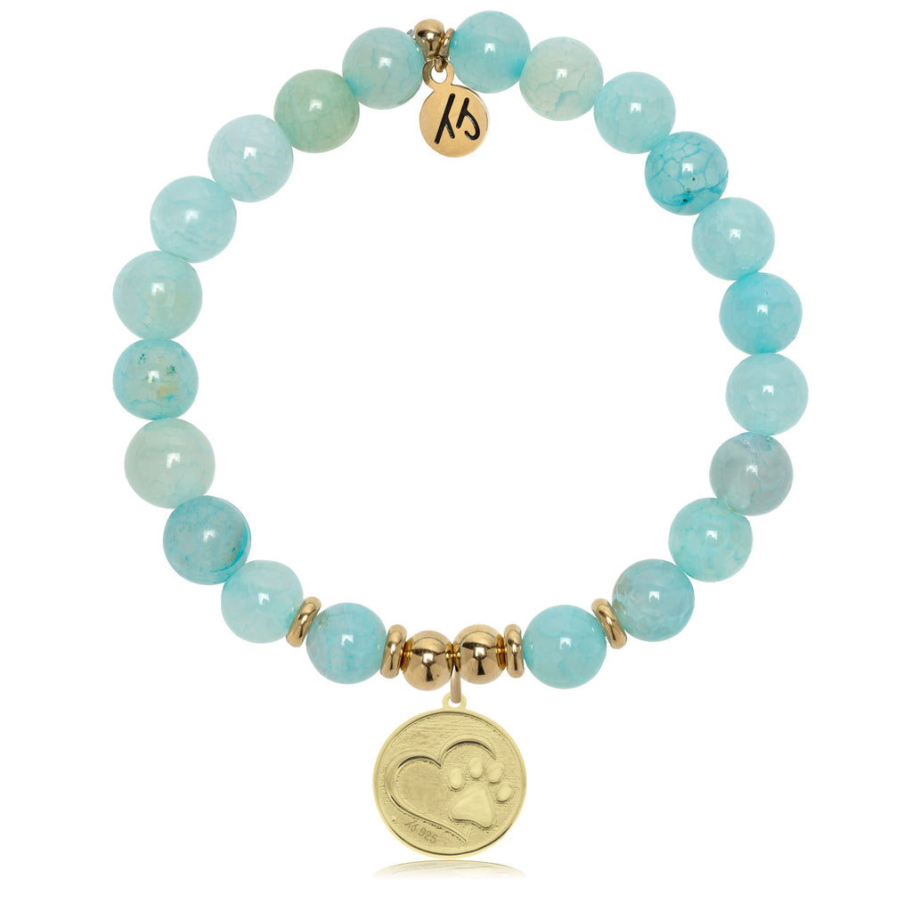 Gold Charm Collection - Aqua Fire Agate Gemstone Bracelet with Paw Print Gold Charm