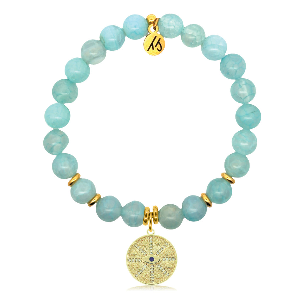 Gold Charm Collection - Aqua Fire Agate Gemstone Bracelet with Protection Gold Charm