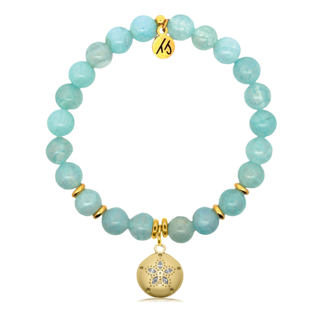 Gold Charm Collection - Aqua Fire Agate Gemstone Bracelet with Sand Dollar Gold Charm