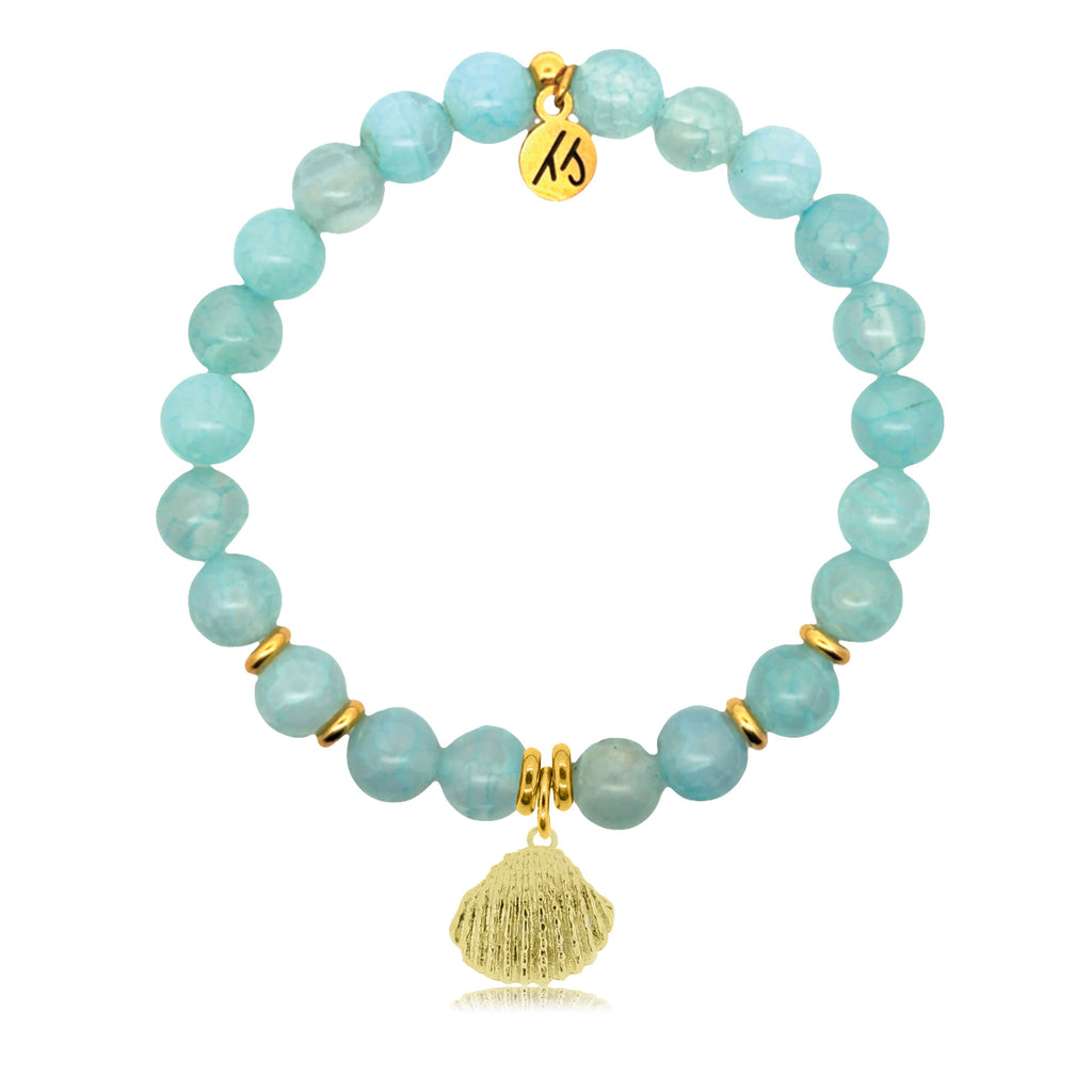 Gold Charm Collection - Aqua Fire Agate Gemstone Bracelet with Seashell Gold Charm