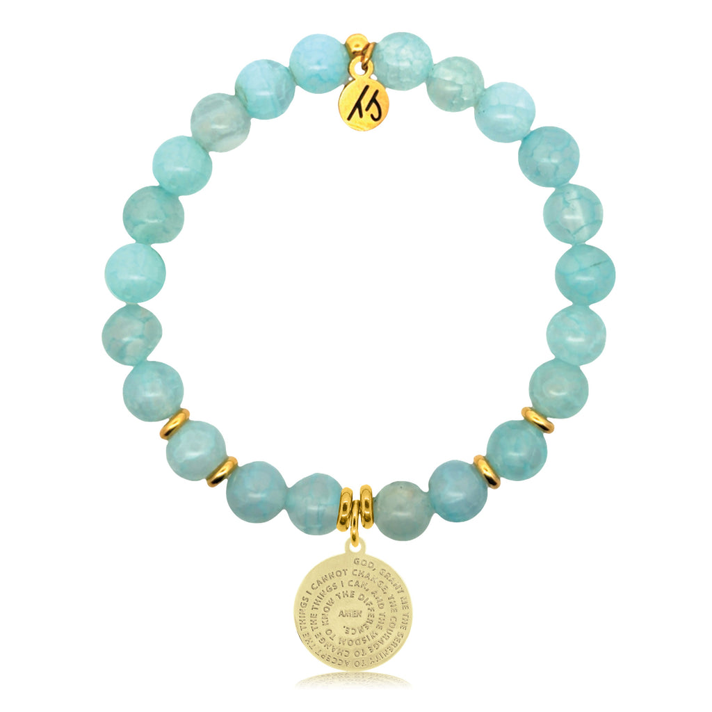 Gold Charm Collection - Aqua Fire Agate Gemstone Bracelet with Serenity Prayer Gold Charm