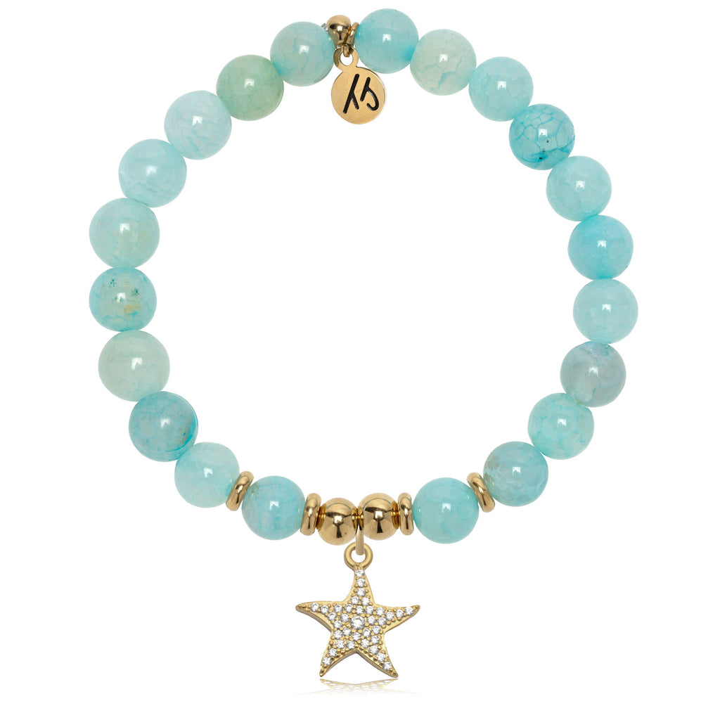 Gold Charm Collection - Aqua Fire Agate Gemstone Bracelet with Starfish Gold Charm
