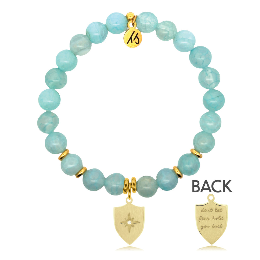 Gold Charm Collection - Aqua Fire Agate Gemstone Bracelet with Strength Shield Gold Charm