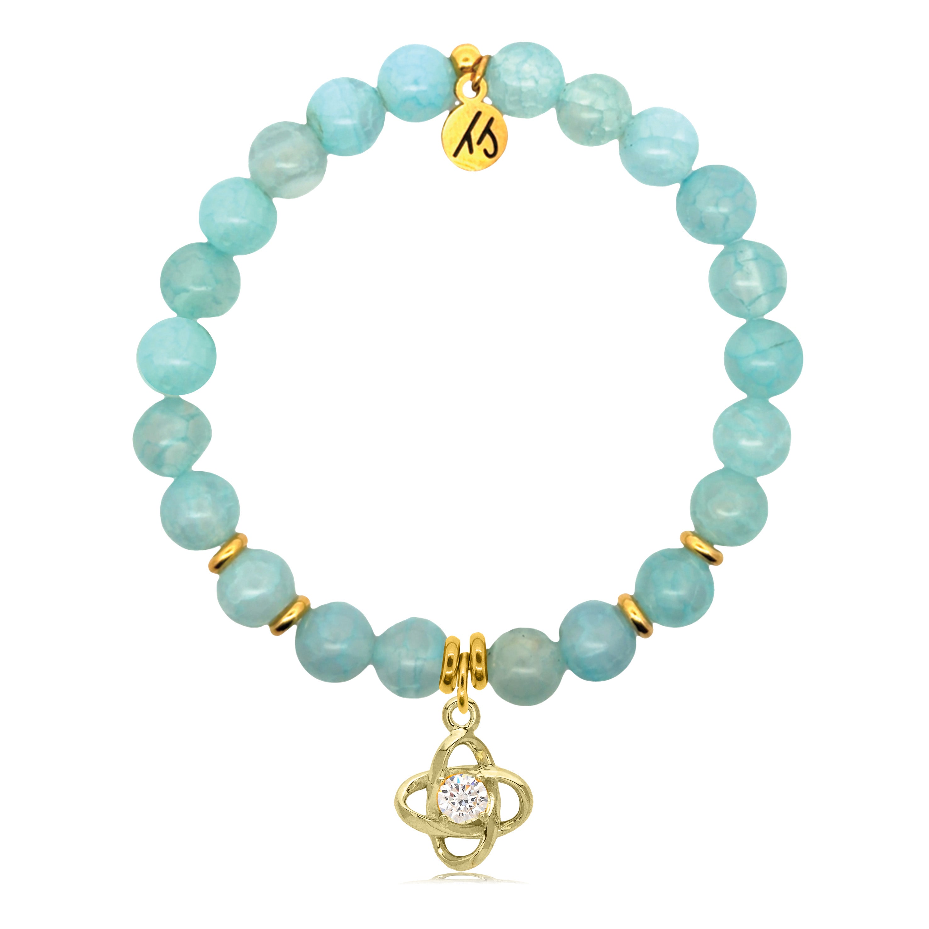 Gold Charm Collection - Aqua Fire Agate Gemstone Bracelet with Stronger Together Gold Charm