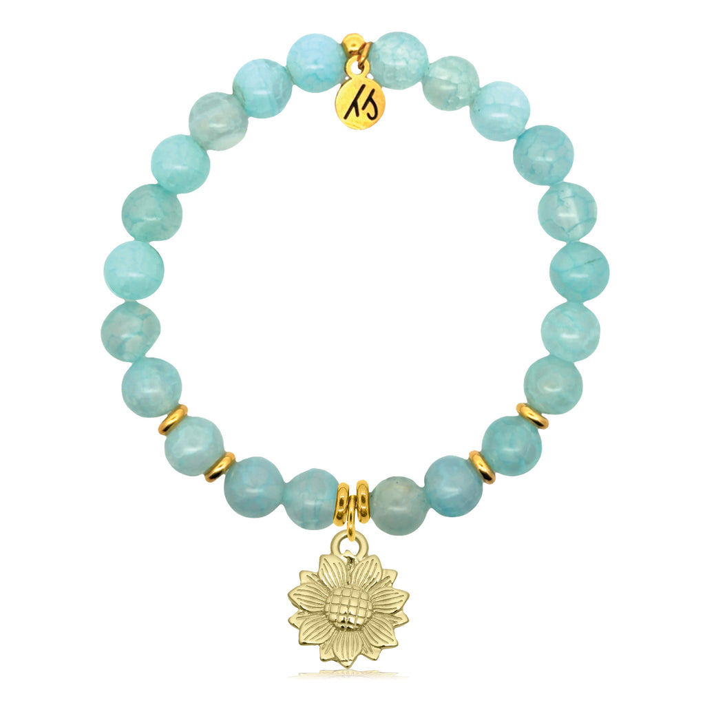 Gold Charm Collection - Aqua Fire Agate Gemstone Bracelet with Sunflower Gold Charm