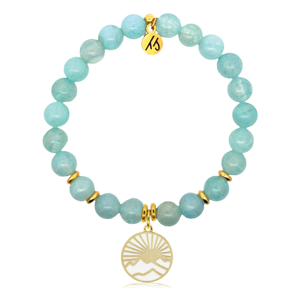 Gold Charm Collection - Aqua Fire Agate Gemstone Bracelet with Sunrise Enamel Gold Charm